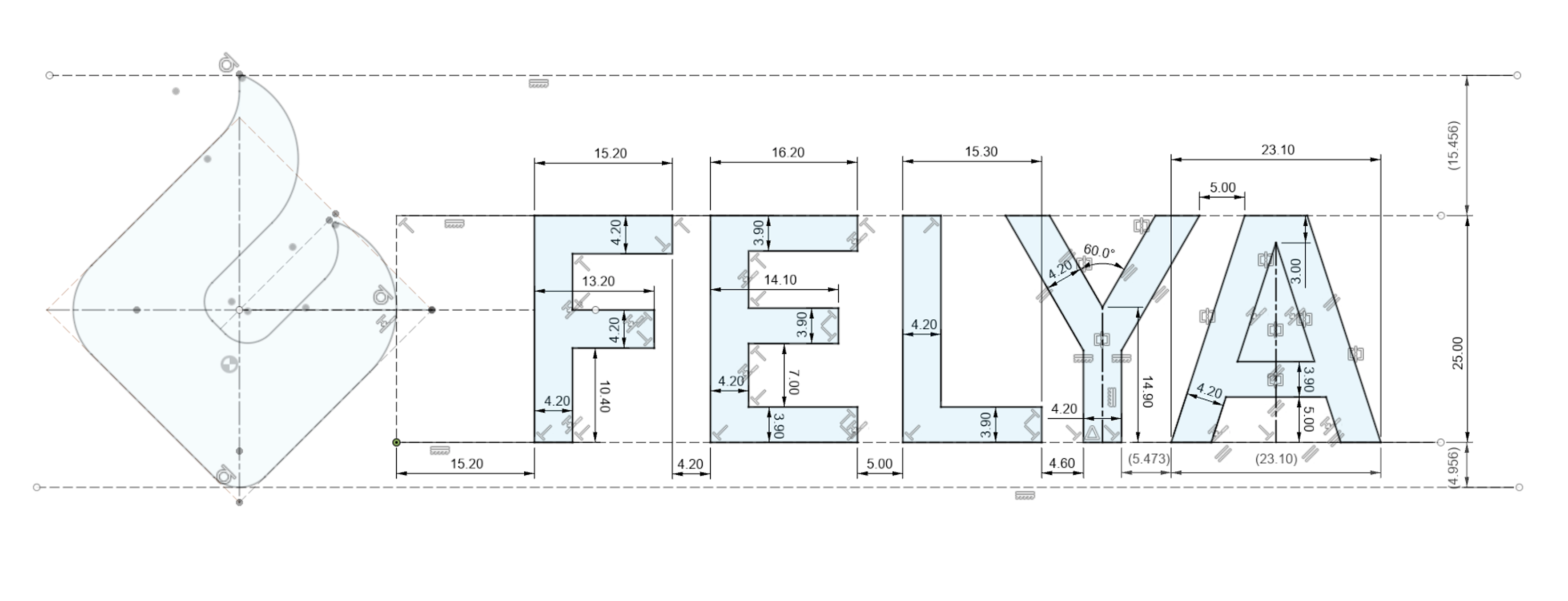 Bemaßte FELYA-Konstruktion aus Fusion 360