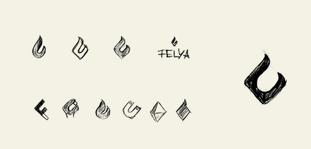 Skizzen zur Synthese von Flamme, F, Hand, Magnet und Juwel in einer Bildmarke